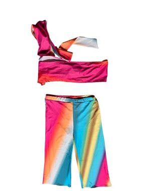 Rainbow Gradient Womens Two-Piece Outfit Bandeau Top & Wide-Leg Pants Sz 42